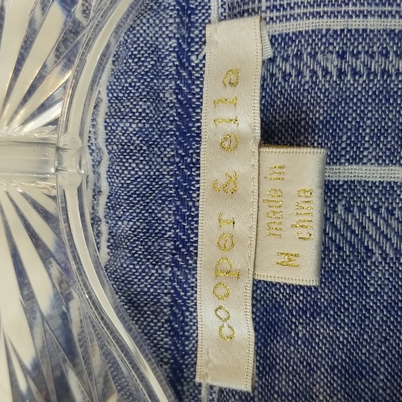 COOPER & EMMA Blue White Striped Linen Rayon Roll Tab Shirt Blouse with Pocket - Picture 2 of 12